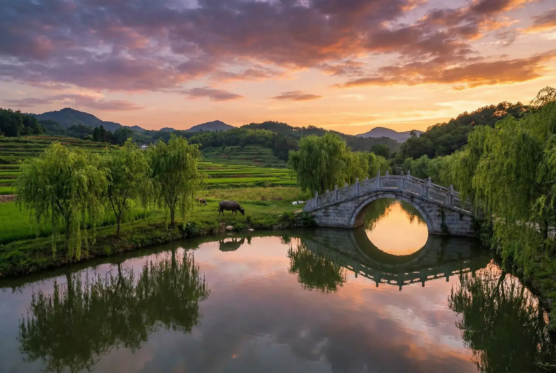 夕阳下的石拱桥与垂柳，水牛在河边吃草 - www.逼 乡村美景